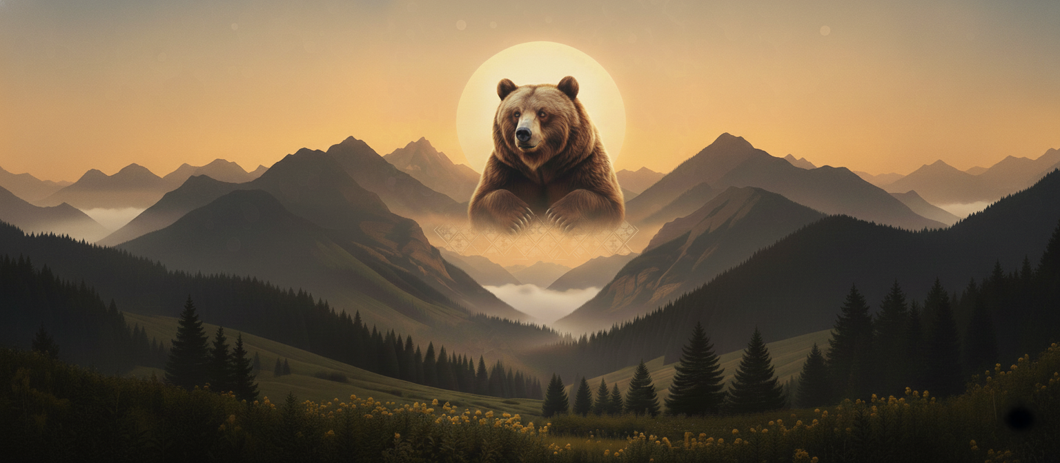 Bear embracing cub at sunrise over mountain valley - symbolizing family, faith, and work values of Abrazo De Oso Foundation